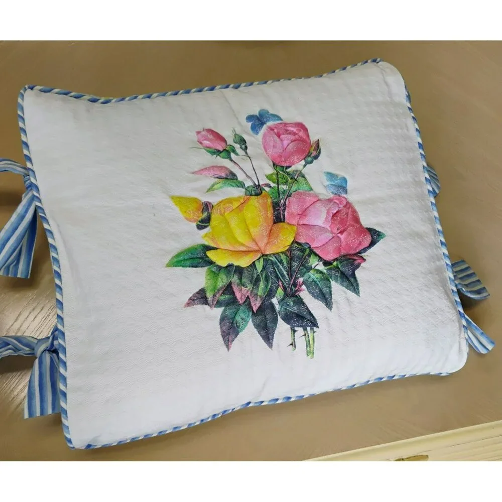 Handmade Quilted Floral Accent Pillow / Cushion Cover, Reversible Gingham 18x18